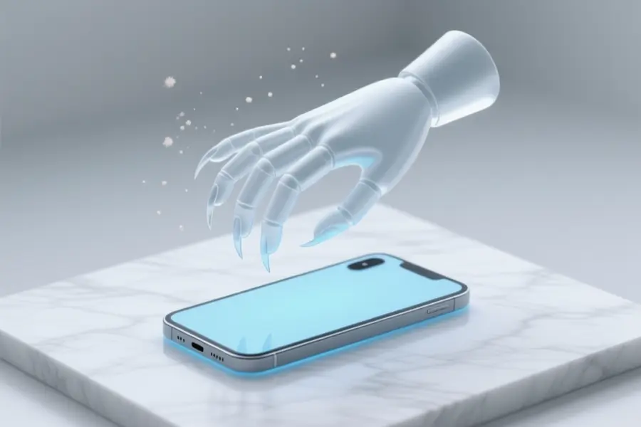 A a stylized mannequin claw made of semi-transparent frosted glass where its hovering over a sleek flat smartphone silhouette.
