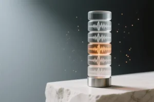 A tall translucent acoustic pillar resting on a smooth matte ivory stone surface the structure consists of eight precisely stacked glass rings.