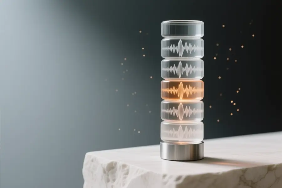 A tall translucent acoustic pillar resting on a smooth matte ivory stone surface the structure consists of eight precisely stacked glass rings.