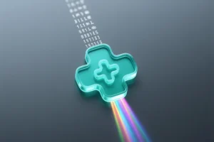 A teal patch resembles a stylized digital node with tiny white text streams into a spectrum.