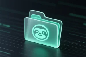 A teal rectangular block folder the head of a sloth head icon.