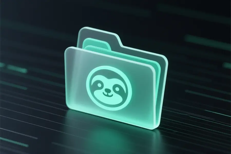 A teal rectangular block folder the head of a sloth head icon.