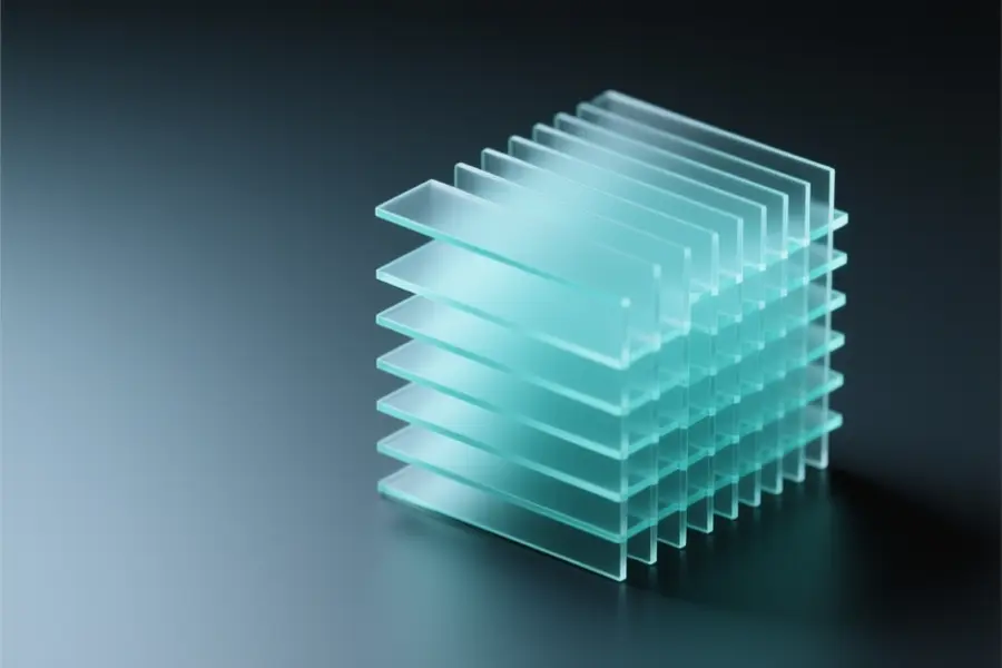 A tightly packed geometric cluster of translucent frosted glass panels arranged in descending size tiers