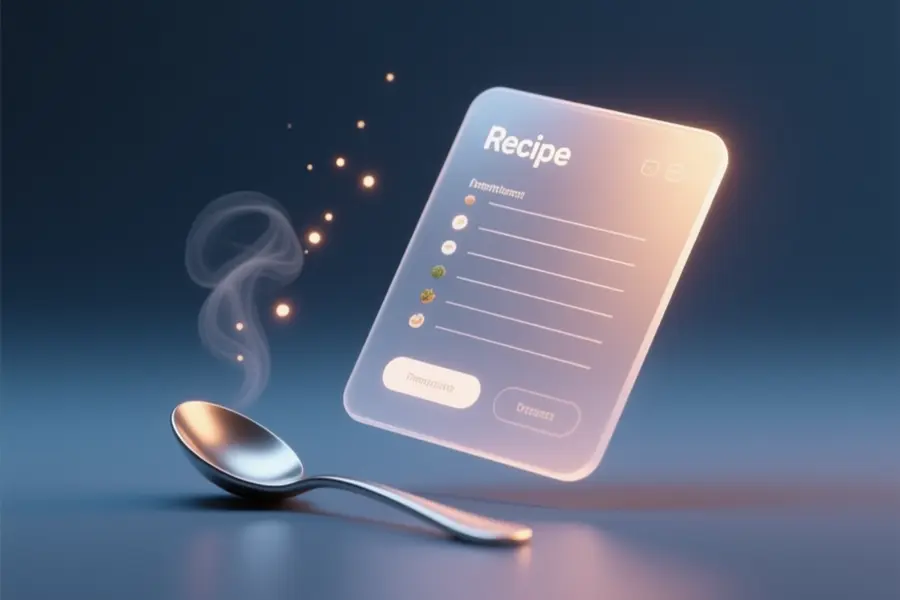 A translucent digital recipe card that glows with a soft warm light with a metallic spoon resting beside the card.