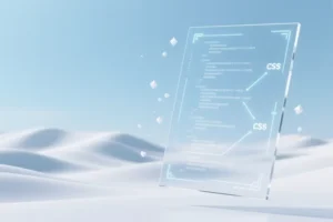 A translucent sheet of digital glass etched with faint glowing lines of code and CSS path markers.
