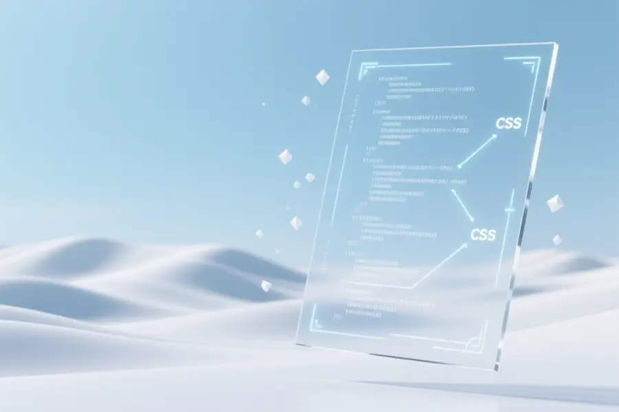 A translucent sheet of digital glass etched with faint glowing lines of code and CSS path markers.