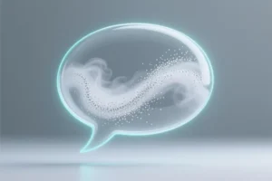 A translucent speech bubble shape hovering in a muted grey void filled with a swirling dense mist of tiny white particles.