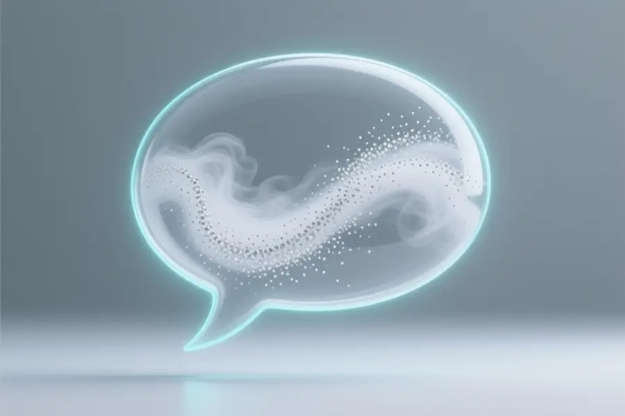 A translucent speech bubble shape hovering in a muted grey void filled with a swirling dense mist of tiny white particles.