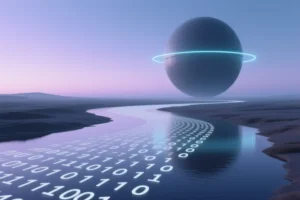 A vast landscape showing a calm river made of flowing binary code and a massive monolithic data core on the horizon.