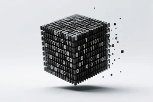 A weightless cube constructed from stark black and white binary code floating with digits 0 and 1.