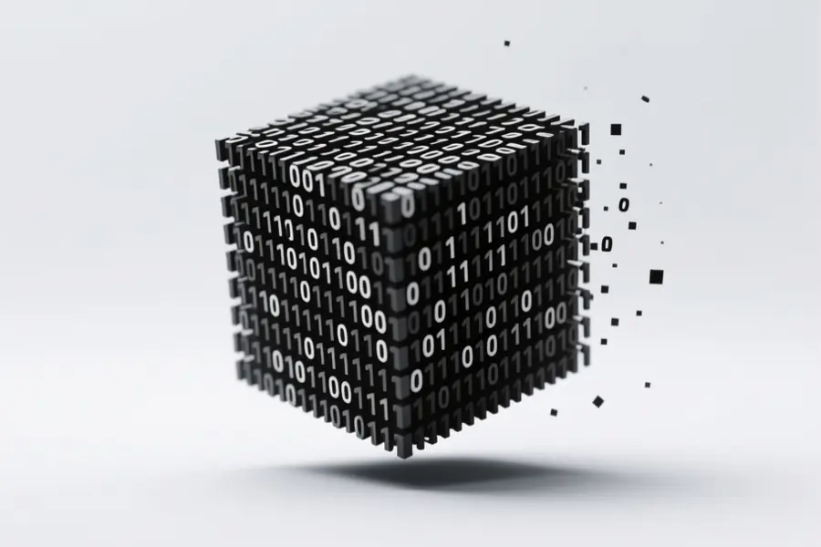A weightless cube constructed from stark black and white binary code floating with digits 0 and 1.