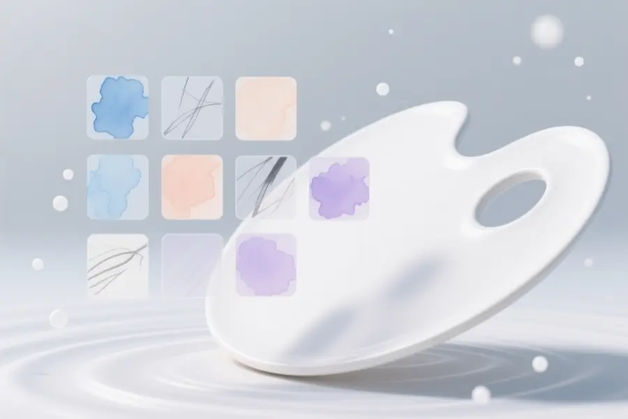 A white artist palette angled with several small translucent digital squares arranged in a neat grid.