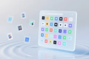 A wide panel positioned to the right of the view representing a visual file browser features tiny colorful thumbnail squares arranged in neat columns.
