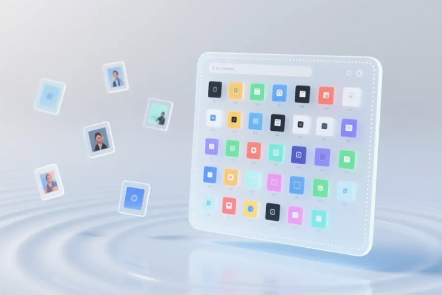 A wide panel positioned to the right of the view representing a visual file browser features tiny colorful thumbnail squares arranged in neat columns.