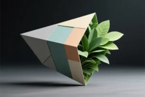 Abstract digital 3D art of geometry folded around plants