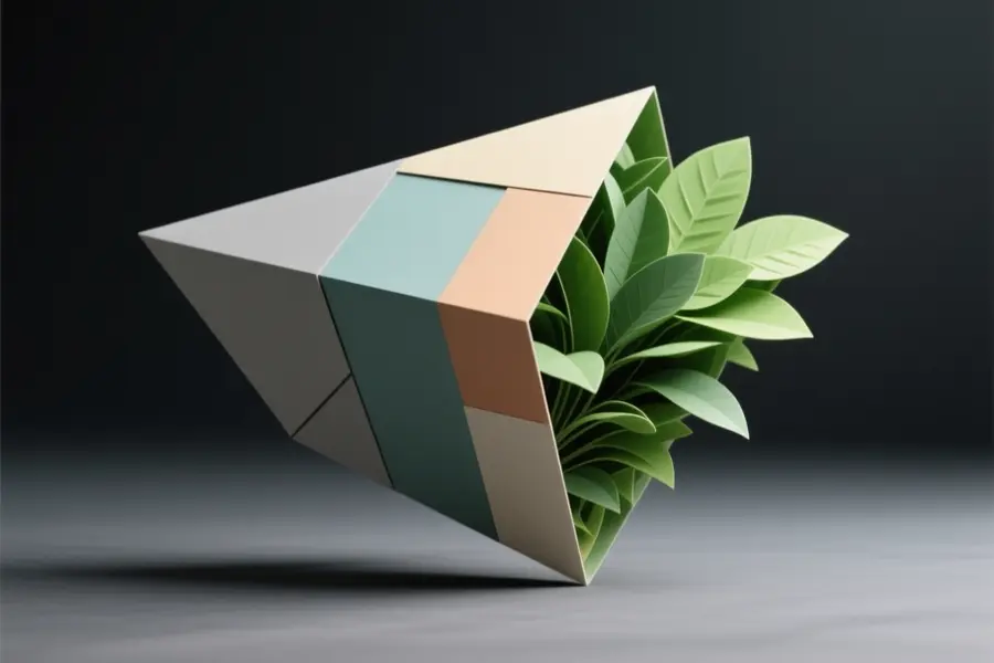 Abstract digital 3D art of geometry folded around plants