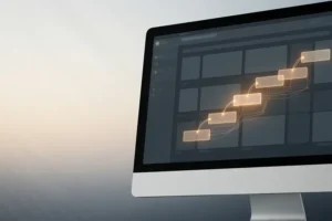 An angled desktop monitor with a screen display of a muted slate interface with clean rectangular application blocks.