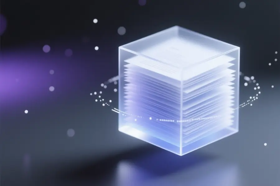 An archive cube constructed from hundreds of stacked thin digital layers resembling paper or markdown sheets.