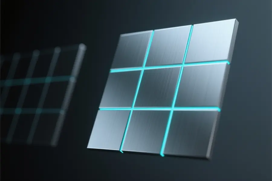 An extreme close-up of a single, large digital image tile floating on the far right side of the view.
