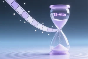 An hourglass contains a continuous stream of tiny floating sequential film frames that flow upwards.