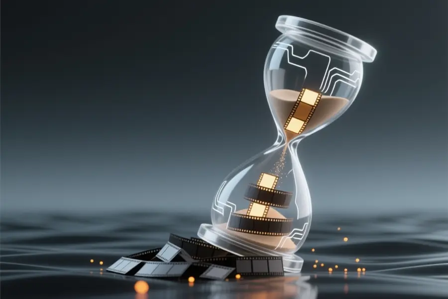 An hourglass tilted has instead of sand tiny glowing rectangular film frames growing rapidly through the narrow center.