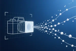 An illustrating the unification of vision and language of a minimalist wireframe grid representing a camera.
