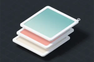 An isometric block of colorful layers on a dark grid background
