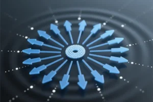 An isometric view of a clean digital node graph with several translucent nodes are connected by thin faint lines suggesting a structured workflow