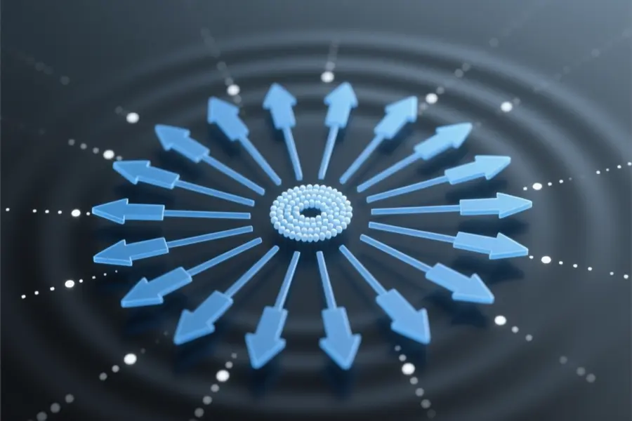 An isometric view of a clean digital node graph with several translucent nodes are connected by thin faint lines suggesting a structured workflow