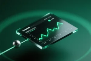 An isometric view of a dark obsidian dashboard panel floating effortlessly over a radial dark emerald gradient liquid void.