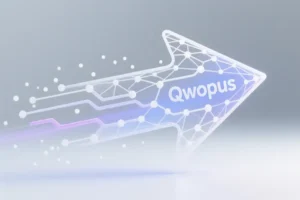 An white abstract mesh structure composed of interconnected logic nodes and flowing code brackets shaped like a streamlined forward-moving arrow.