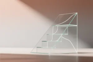 Angled geometric glass structure revealing three distinct translucent panels stacked and fanning outward.