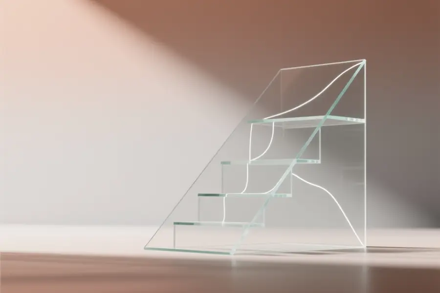 Angled geometric glass structure revealing three distinct translucent panels stacked and fanning outward.