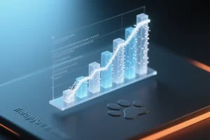 Angled view of a 3D bar chart with a matte charcoal surface where the bars are composed of vertical streams of rising white and pale blue digital particles.