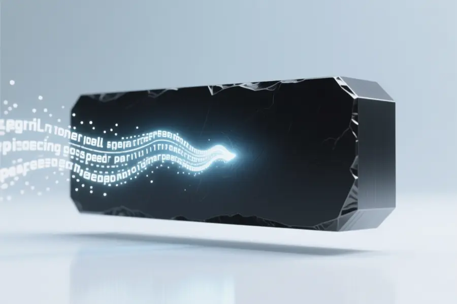 Black monolith floating horizontally with smooth matte texture and a vibrant stream of glowing white text.