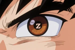 Close up of a dragon ball z characters eye in ultra 80s detailed