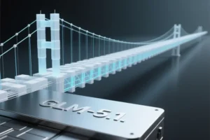 Close-up perspective of an endless intricate digital bridge structure extending diagonally into the deep background with the text GLM-5.1 embossed.