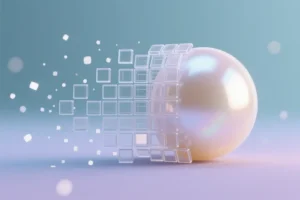 Cluster of small square tiles slowly merging together to form a giant smooth luminous pearl on the right side of the frame.