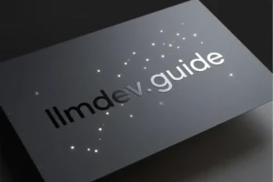 Composition featuring a large smooth slate grey panel angled slightly to the right taking up most of the view that reads llmdev.guide.