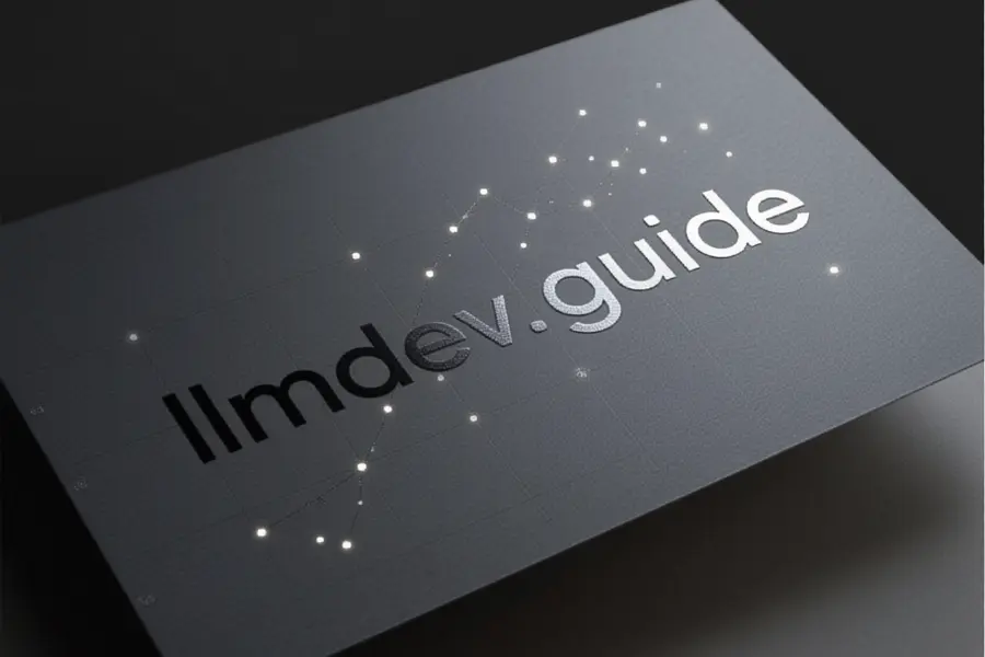 Composition featuring a large smooth slate grey panel angled slightly to the right taking up most of the view that reads llmdev.guide.
