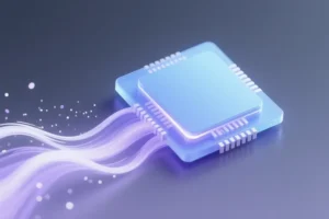 Computer chip representing integrated graphics with faint white and light purple digital brush strokes and tiny floating particles flowing smoothly.
