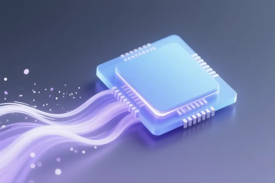 Computer chip representing integrated graphics with faint white and light purple digital brush strokes and tiny floating particles flowing smoothly.