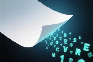 Crisp white piece of paper angled diagonally is smoothly dissolving and cascading downward into tiny glowing digital letters.