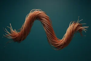 Dense cluster of thin copper wires twisted together to form the shape of a sine wave.