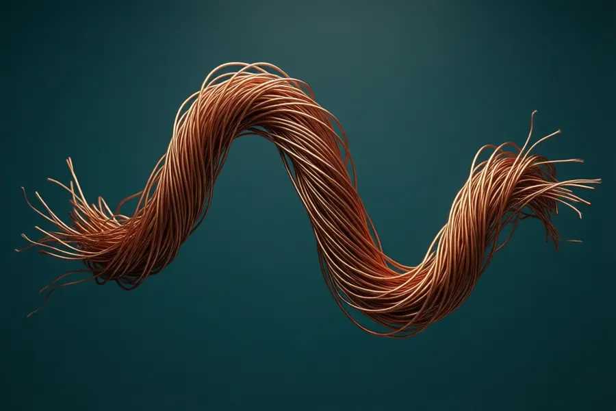Dense cluster of thin copper wires twisted together to form the shape of a sine wave.