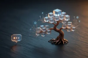 Digital bonsai tree crafted from translucent geometric cubes and fine copper wiring resting on a smooth slate surface.