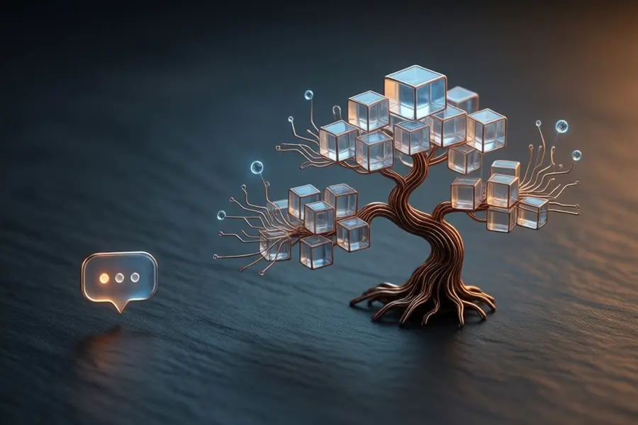 Digital bonsai tree crafted from translucent geometric cubes and fine copper wiring resting on a smooth slate surface.