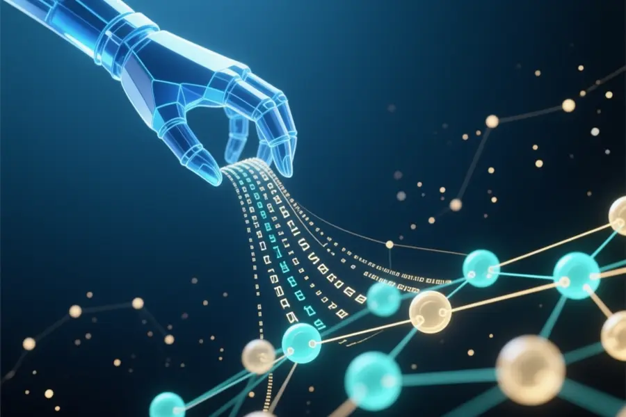 Digital translucent hand grabs a stream of digital information from inter connected nodes