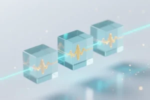 Ethereal composition featuring a cluster of three translucent glass cubes each represents an audio node containing a suspended vibrating golden sound wave.