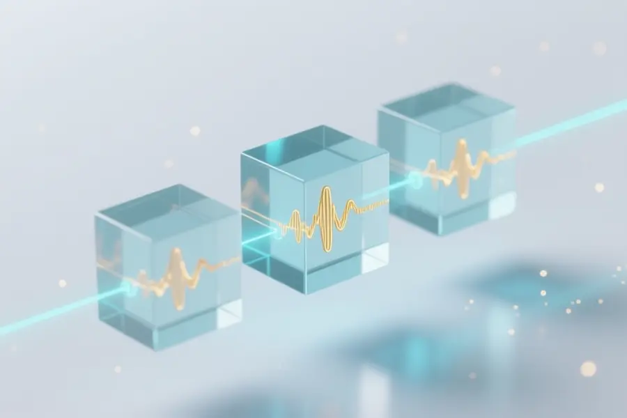 Ethereal composition featuring a cluster of three translucent glass cubes each represents an audio node containing a suspended vibrating golden sound wave.